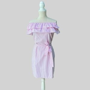 Off Shoulder Pink and White Pinstripe Dress